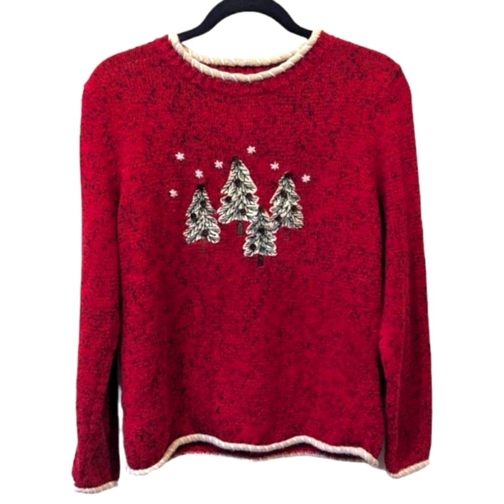 Christopher & Banks Hand Embroidered Christmas Motif Vibrant Red Sweater (S)